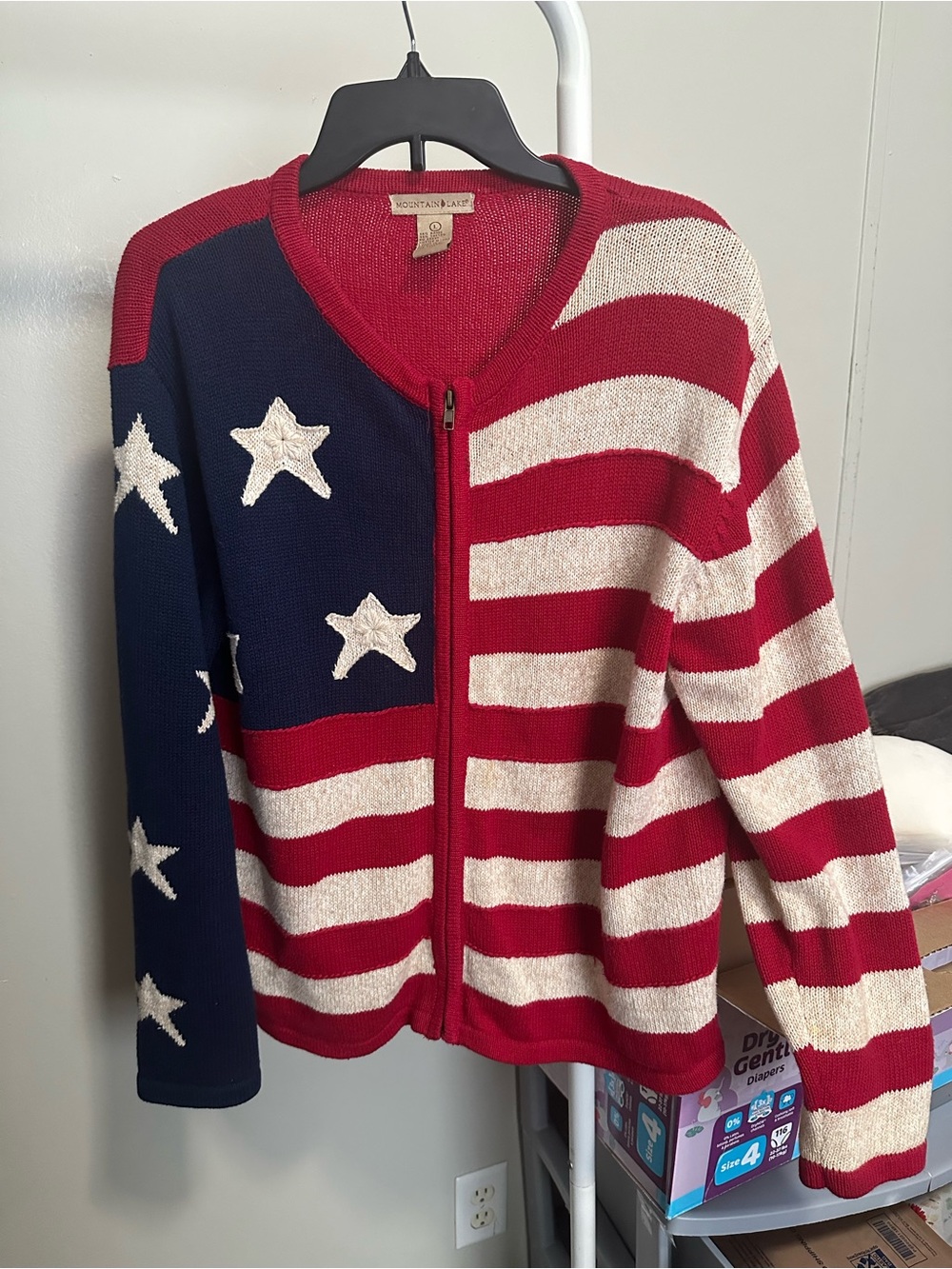 Vintage Mountain Lake Patriotic American Flag Zip Up Sweater size large